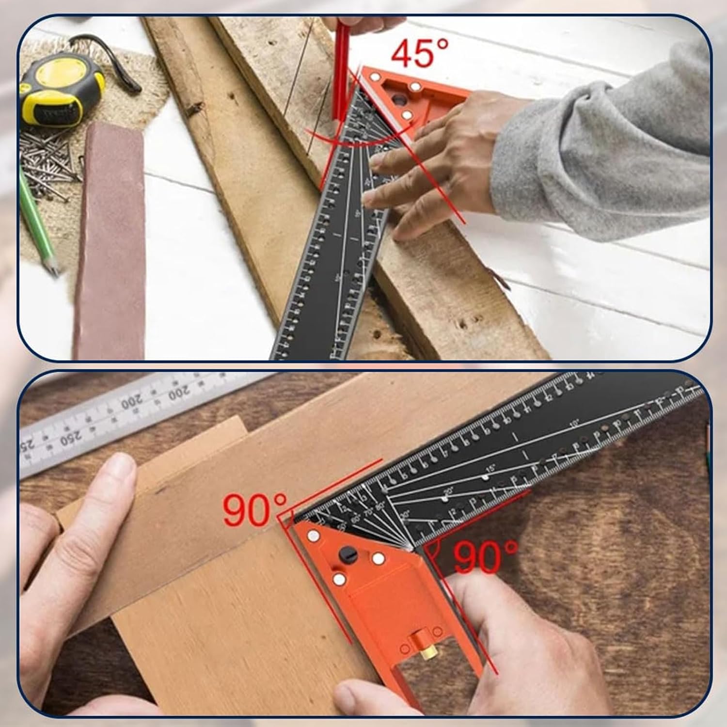 Stainless Steel Squares, 2024 New Multi-Angle Measuring Ruler, 12 Inch Escuadras De Carpintero, 45/90 Degree Multifunctional Gauge Right Angle Ruler for Precise Measuring, Drawing (2 Colors)