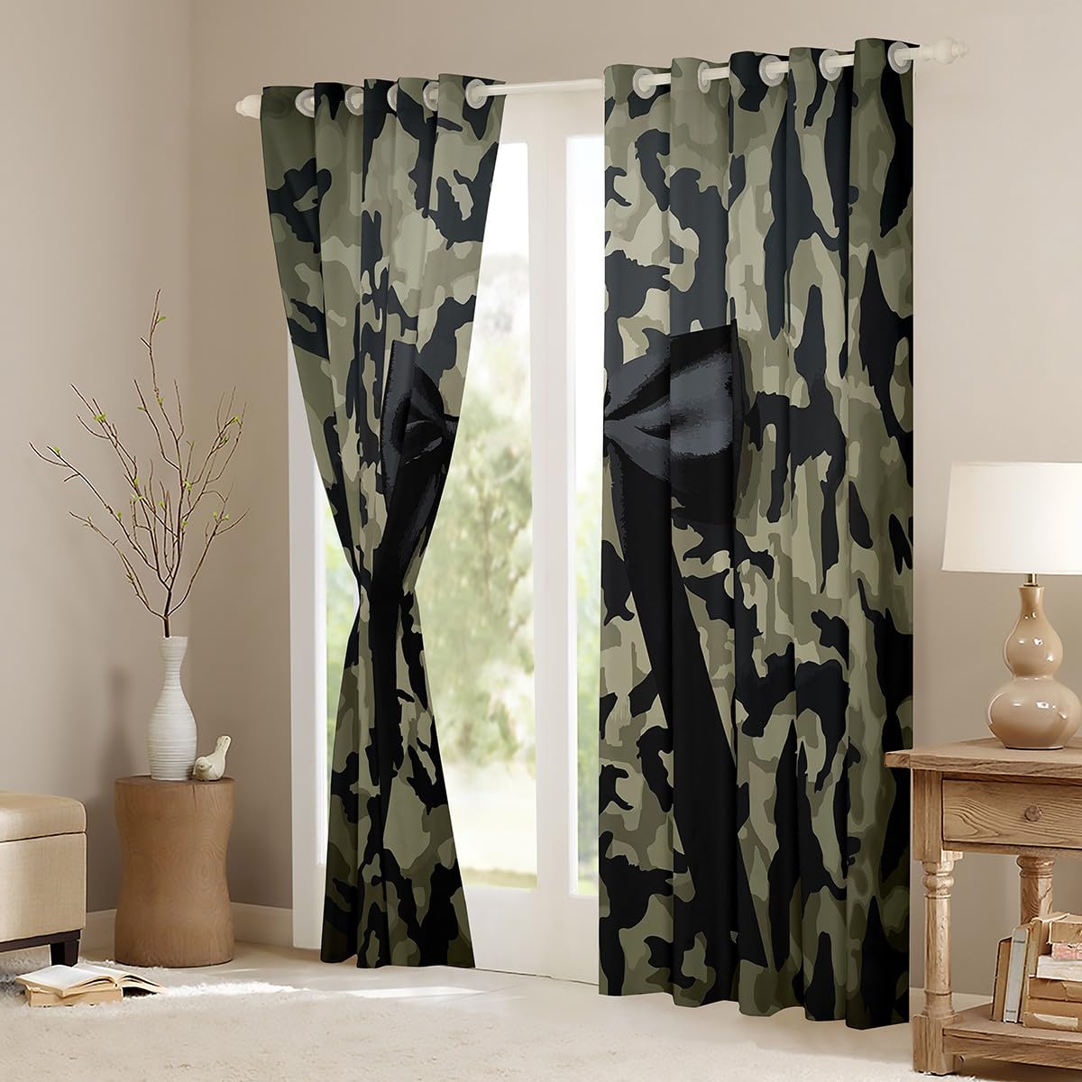 Homewish Kamuflaż zasłony okienne 117 x 137 cm, 2 zestawy paneli - kokardka zasłony zaciemniające kokardka zielona wstążka czarne zasłony okienne moro ciepła pościel