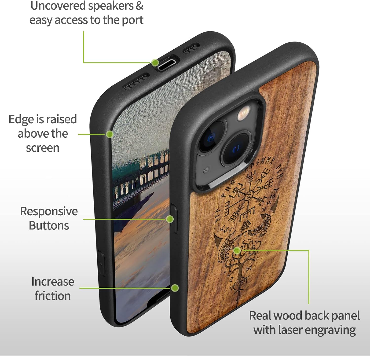 Carveit Magnetic Wood Case for iPhone 14 Case [Natural Wood & Black Soft TPU] Unique & Classy Wooden Shockproof Protective Cover Compatible with magsafe (Viking -Walnut)