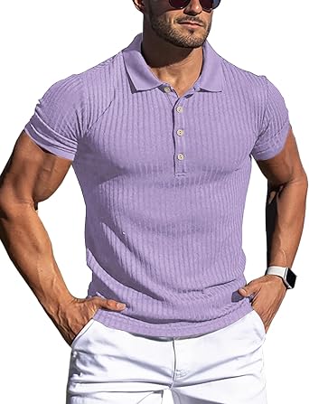 URRU Mens Muscle T Shirts Stretch Short Sleeve Workout Tee Casual Slim Fit Polo Shirt
