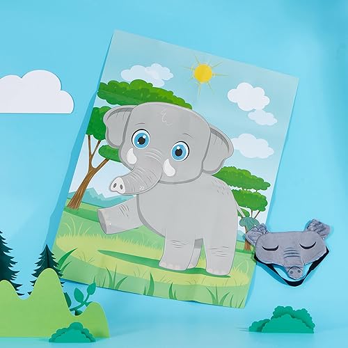 Miniatura 6 de JOYIN Pin The Nose on The Elephant Game, 24 calcomanías de nariz de elefante de 21 x 28 pulgadas, calcomanías para hacer una cara, decoraciones de