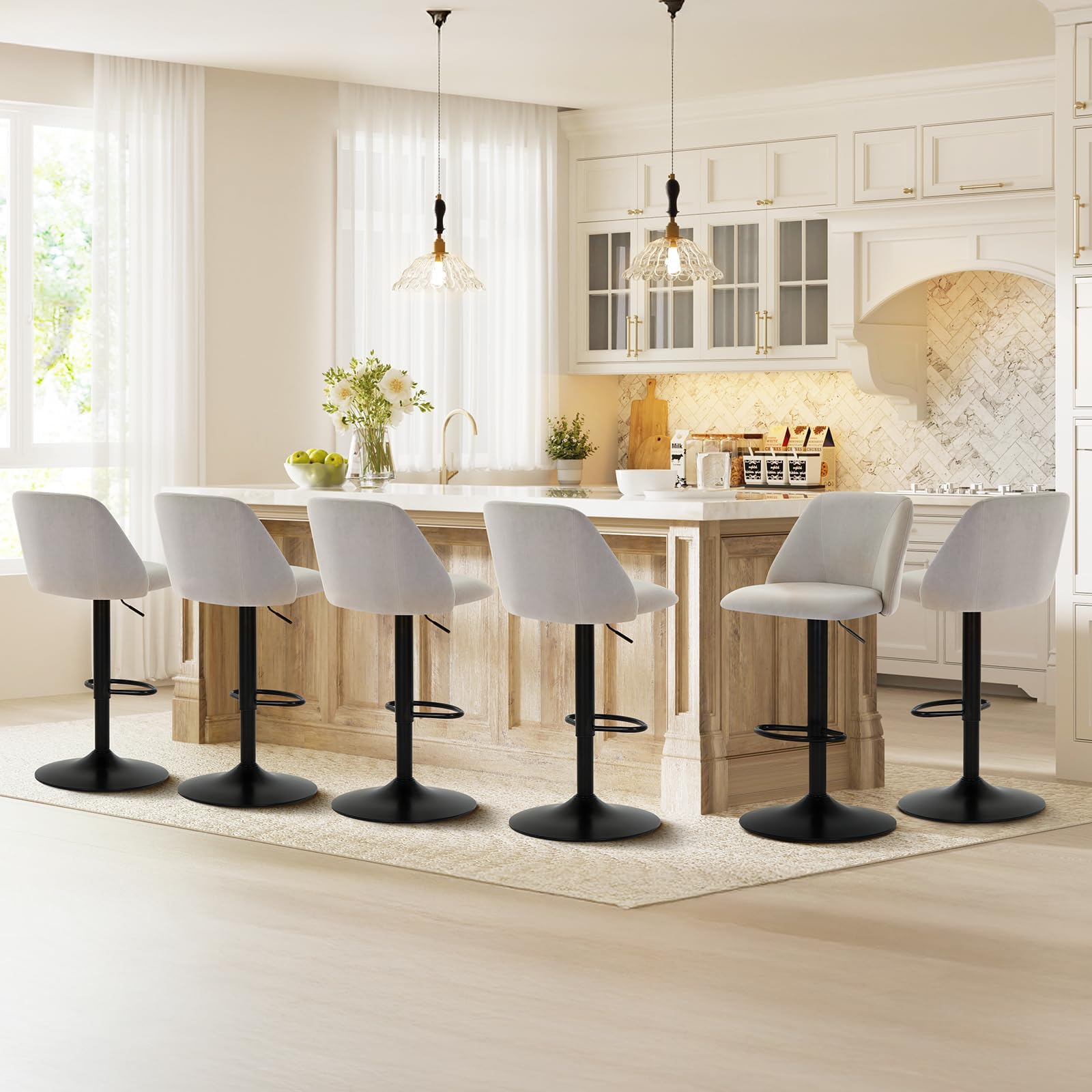 COLAMY Bar Stools Set of 6, Modern Swivel Bar Chairs, Adjustable Upholstered Barstools Counter Height with Full Backrest for Bar, Dining Room, Kitchen Island, Grey