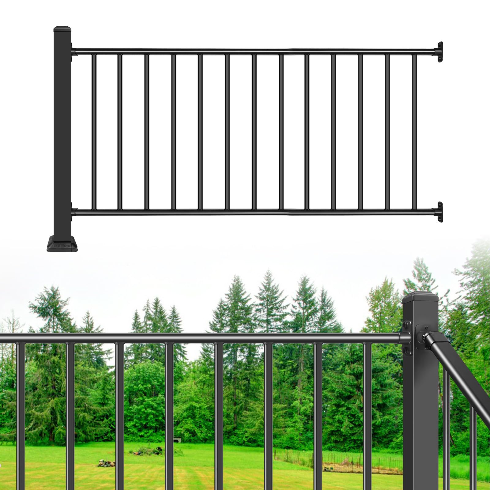 Photo 1 of Bobolish 36+2" H x 6 ft. W Aluminum Porch & Deck Railing Kit, Upgrade Guardrail System with Textured Black AAMA 2604 Powder-Coat Finish for Outdoor Decks, Porches & Balconies (1 Post, 1 Panel)