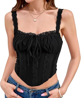 KUTUMAI Women Lace Corset Top Summer Y2K Cute Bustier Going Out Tank Tops | Slim Fit, Zip Back, Idea for Milkmaid Country Concert