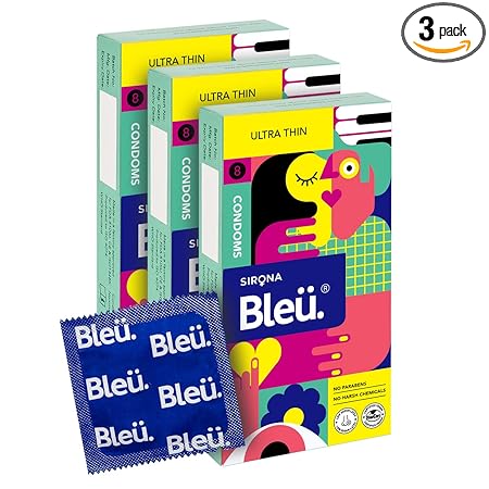 Bleu Ultra Thin Condoms for Men - 8 Count (Pack of 3) | Vegan, Toxin Free & 100% Natural Latex for Extra Sensitive Skin, Reduced Itchiness & Irritation