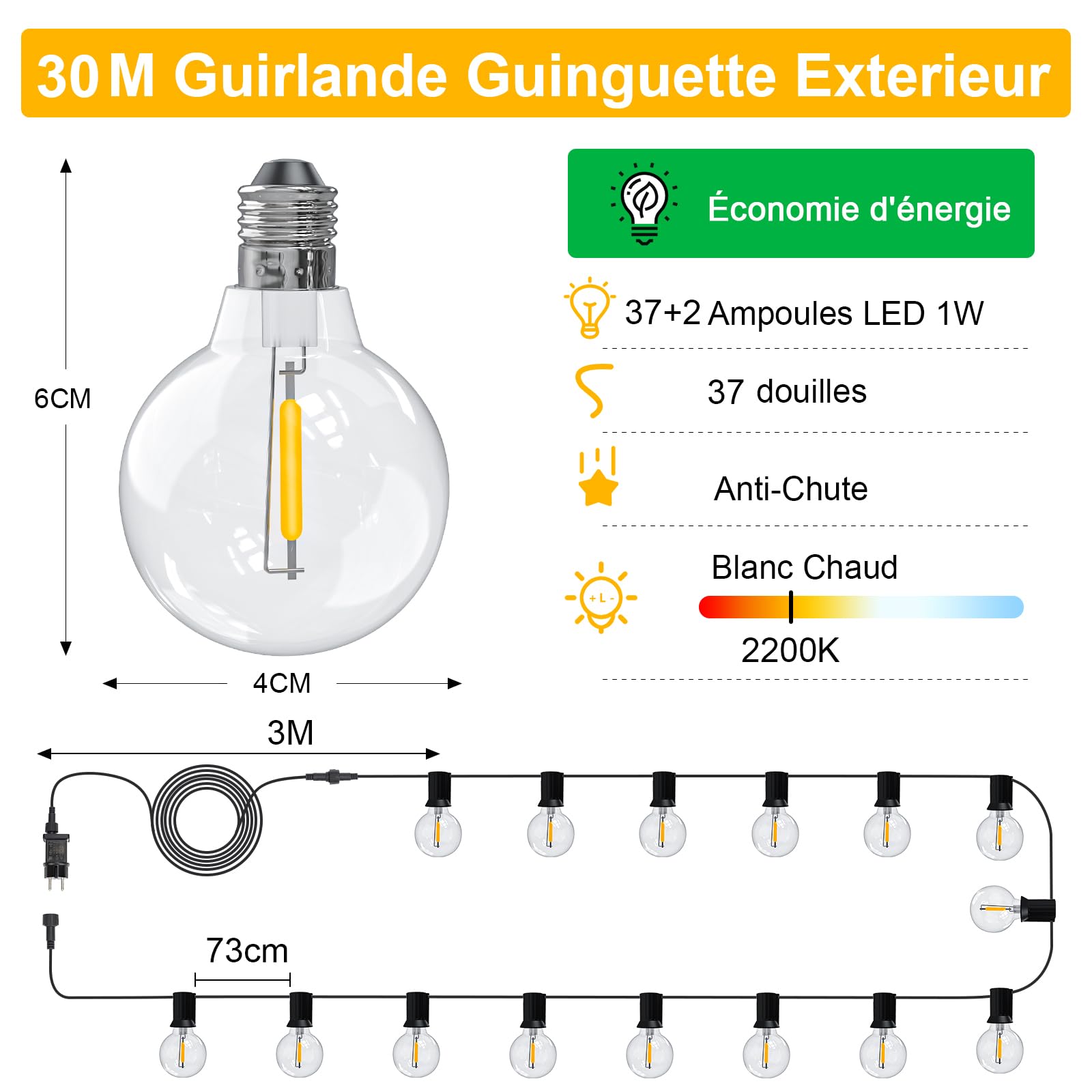Guirlande Guinguette Exterieur 30M, 37+2 G40 LED Ampoules, Guirlande Lumineuse Exterieure IP44 Imperméable avec Prise, Connectable, Dimmable Temporisé - Blanc Chaud pour Jardin, Terrasse,Mariage