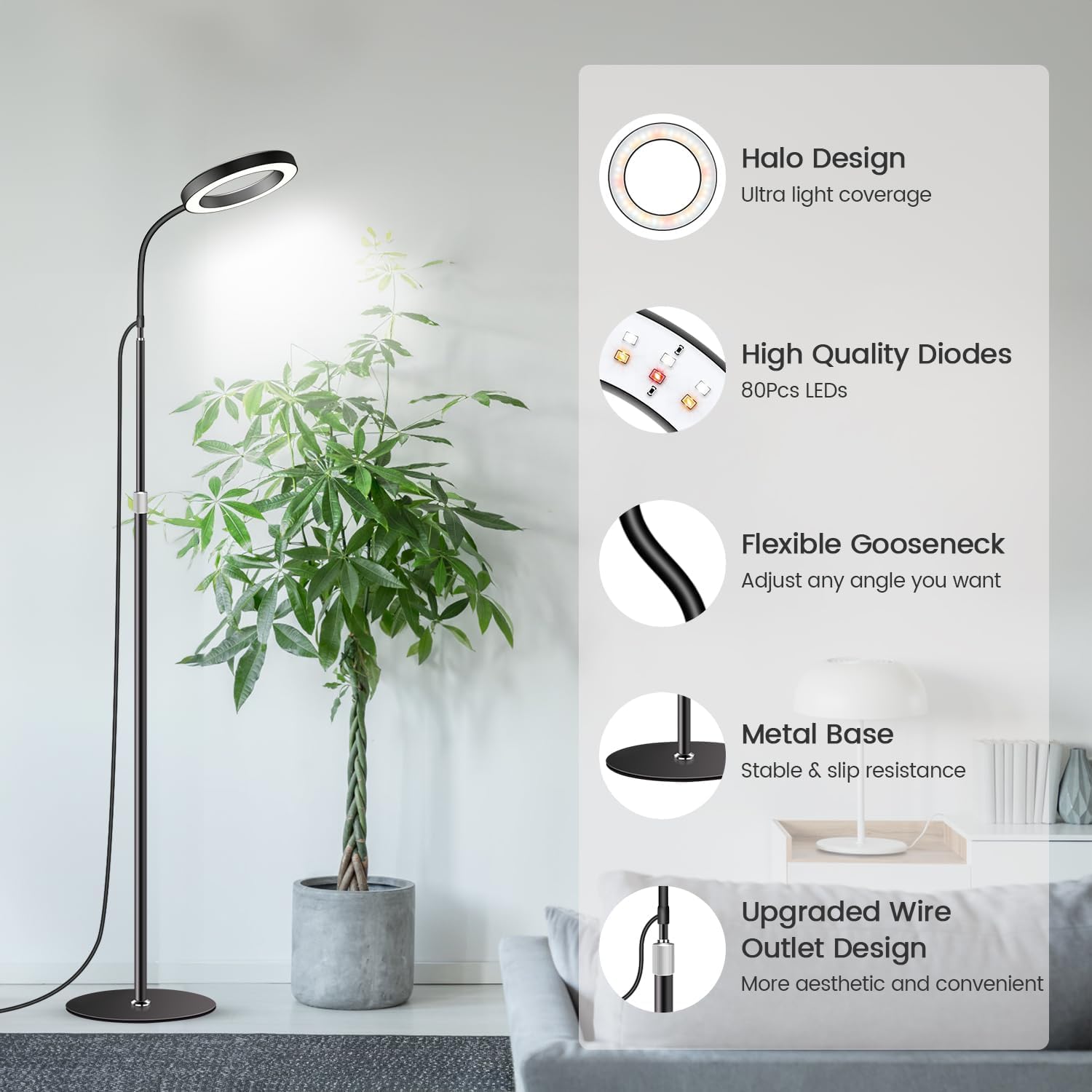 Garpsen Pflanzenlampe, Pflanzenlampe LED Vollspektrum mit Standfuß, 3 Farben Grow Light mit Timer 6/12/16H, 5 dimmbare Stufen, 58cm~170cm Höhenverstellbar für große Pflanzen oder Samen