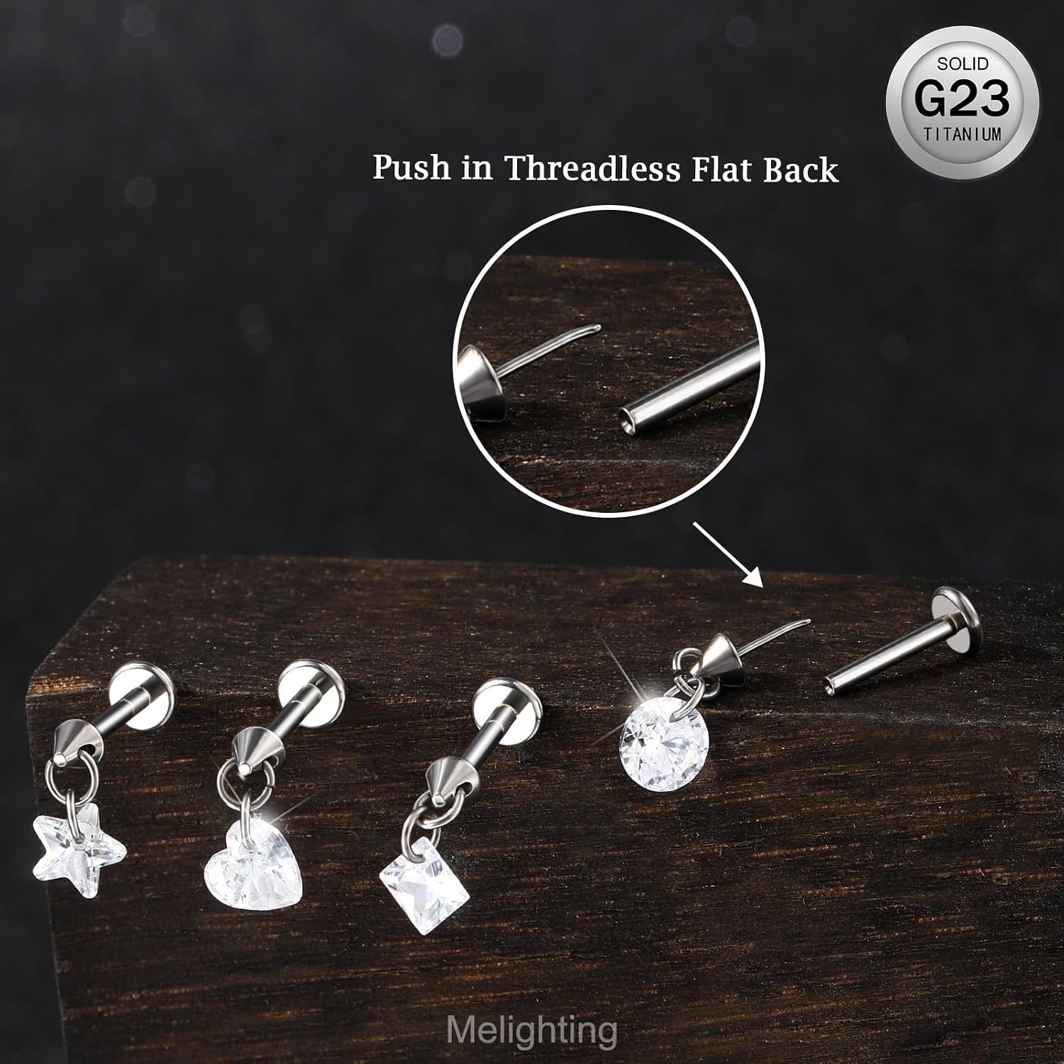 Melighting Titanium Vertical Helix Piercing Jewelry 16G Pendant Threadless Flat Back Earring Star Vertical Tragus Jewelry Square CZ Cartilage Lobe Stud 6/8 mm