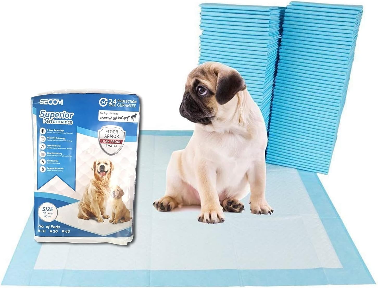 SECOMDog Training Pads/Training Pee and Potty Pads with Quick Drying Surface and Absorbent Core/Suitable for Small/Large Breed Puppies /100 Count/Size: XL/L-60 cm X H- 90 cm (100 Count)