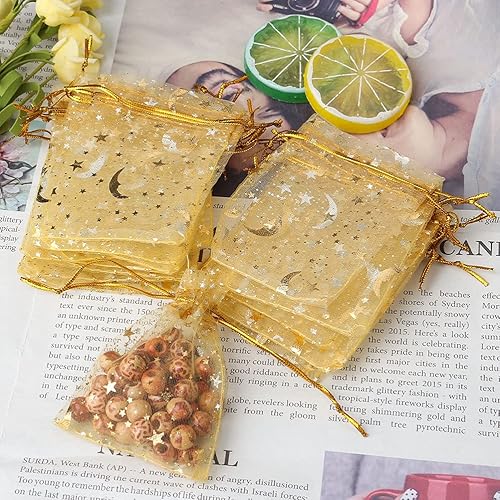 Vista 45 de SUMAJU 100 bolsas de organza de estrella lunar, 2.7 x 3.5 pulgadas, bolsa de organza púrpura transparente, pequeñas bolsas de regalo con cordón