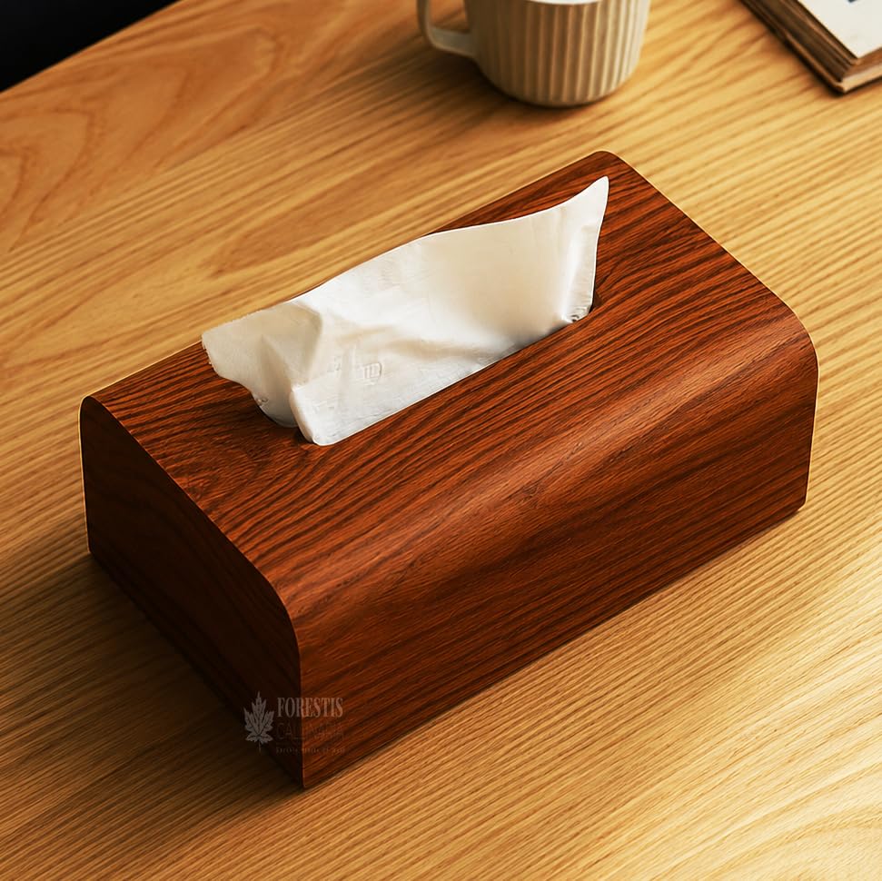 Image of Wooden Tissue Box| Rosewood Napkin Box| Tissue Holder Organizer for Table, Home, Office, Car| Rectangular Facial Paper Cloth Storage Case| Dispenser (9X5 Inches, Rosewood Edgy)