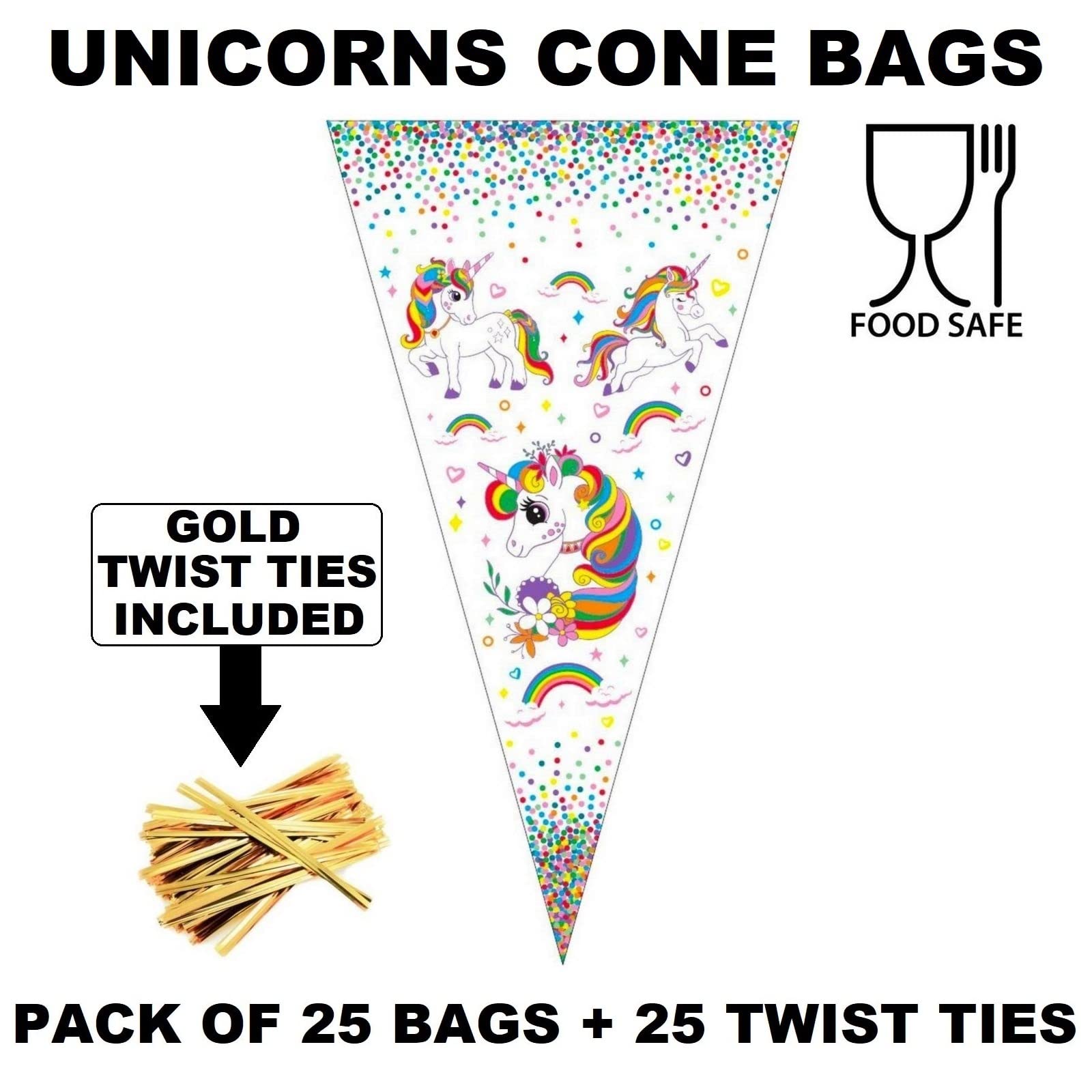 25 Cone Sweet Bags With Gold Twist Ties Unicorn Princess