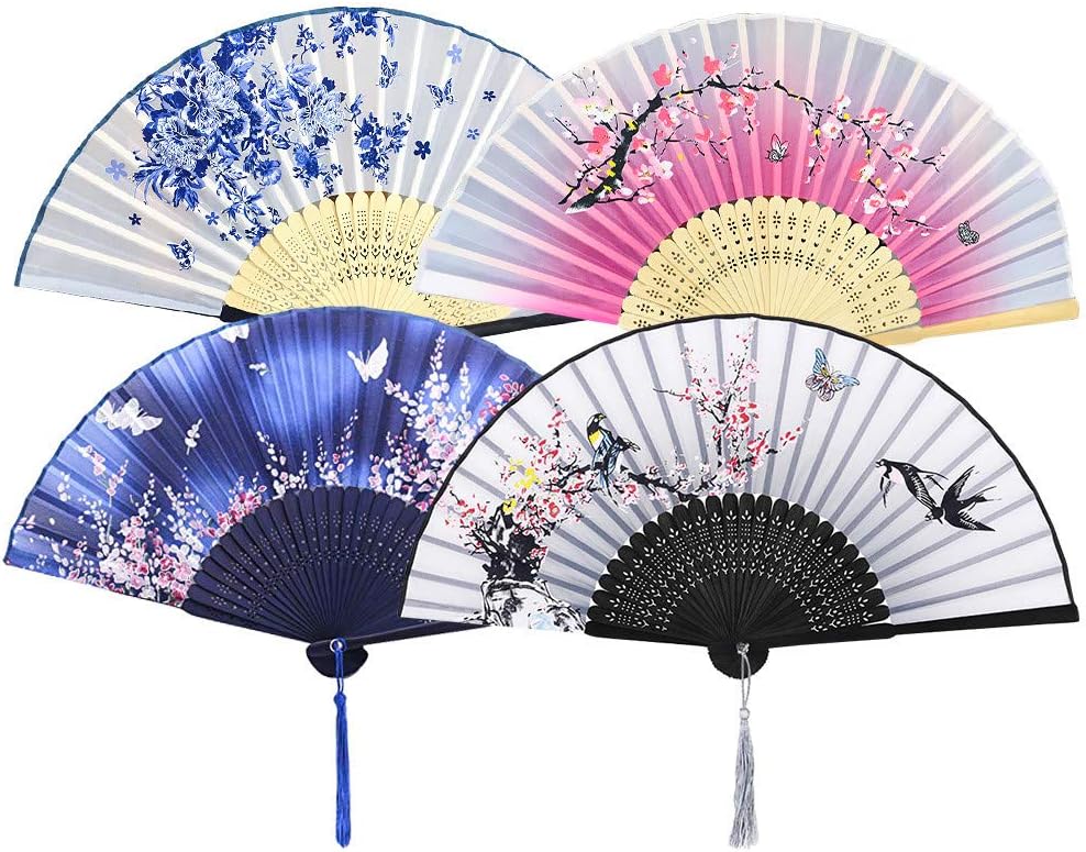 4 Pieces Hand Folding Fans for Women, Silk Fabric and Hollow Carved Bamboo Handheld Folding Fan, Chinese Style Hand Fan with Tassels for Gifts and Wall Decoration