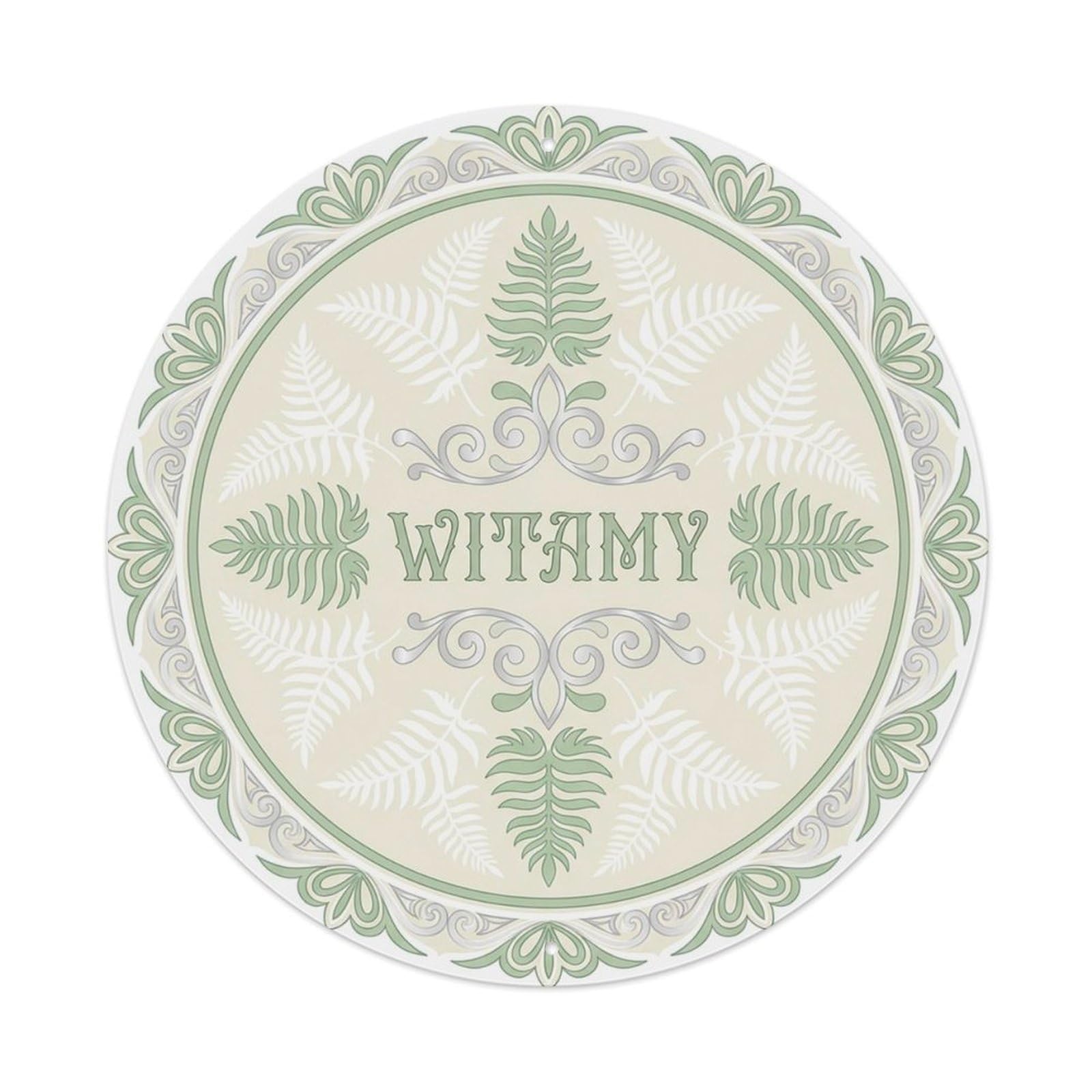 Vintage Polish Folk Art Witamy Welcome Ghost Fern Metal Tin Sign