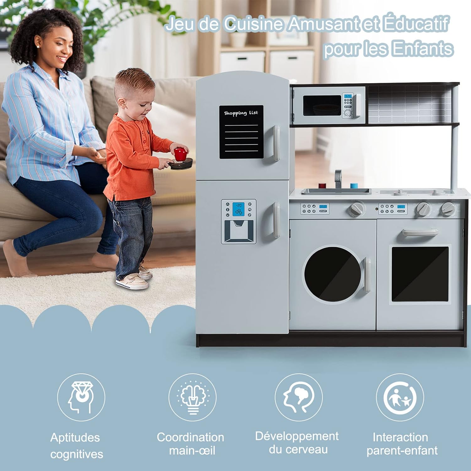 COSTWAY Cuisine Enfant En Bois Avec Sons Et Lumière Réels