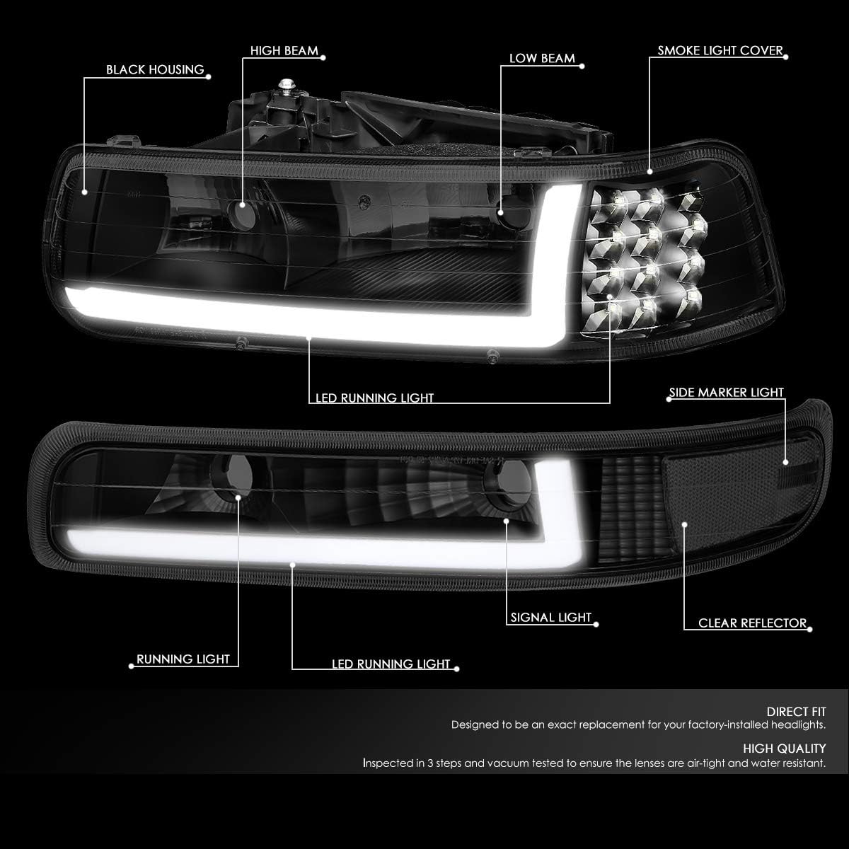 Auto Dynasty 4PCS LED DRL Headlights Assembly and Bumper Lamps Compatible with Chevy Silverado Suburban 1500 2500 3500 Tahoe 99-06, Driver and Passenger Side, Smoked Lens Clear Corner