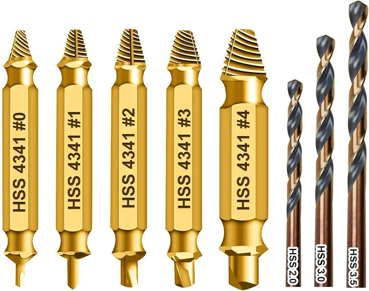 Damaged Screw Extractor, 8 PCS Broken Damaged & Stripped Screw Remover Set - Remover for Stripped Head Screws Nuts & Bolts, Drill Bit Tools for Easy Removal of Rusty & Broken Hardware, Gold