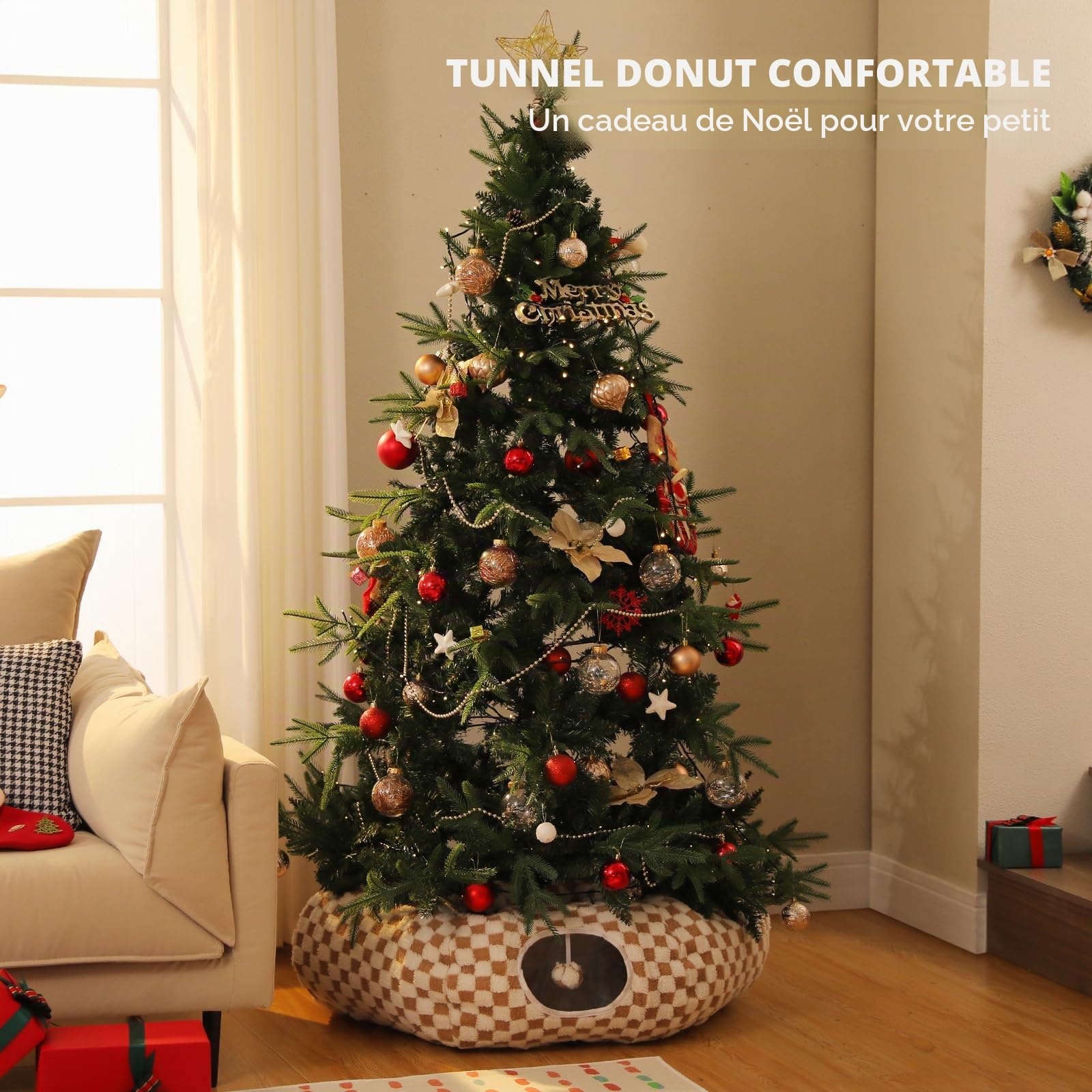 PAWZ Road Tunnel pour chat en peluche, 2 en 1, forme ronde, donut et lit pour chat, diamètre : 85 cm, marron
