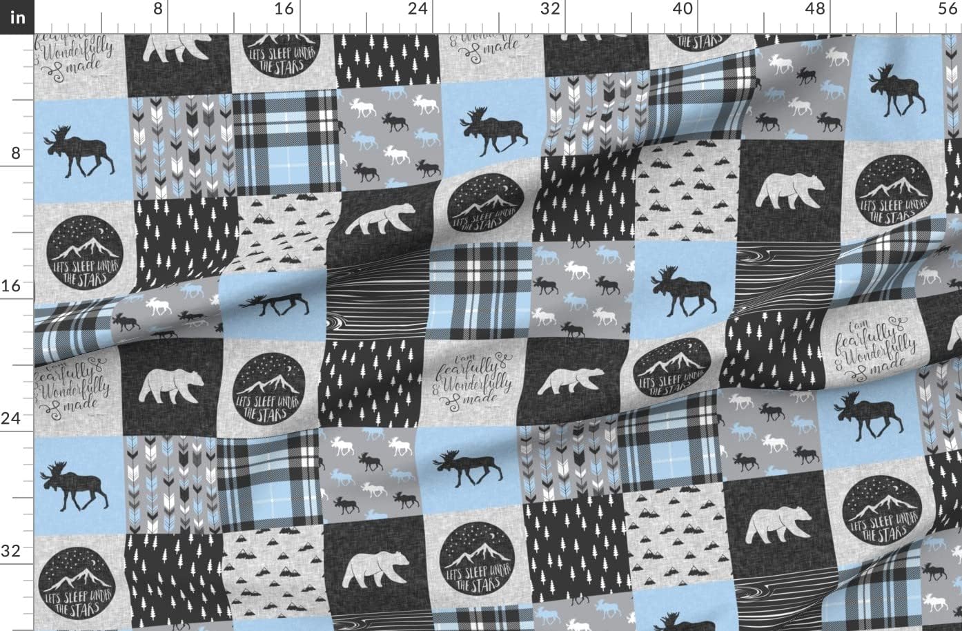 Spoonflower Fabric - Patchwork Blue & Grey Moose Bear Woodland Adventure Trendy Wholecloth Printed on Organic Cotton Sateen Fabric by The Yard - Sewing Quilting Apparel Home Decor
