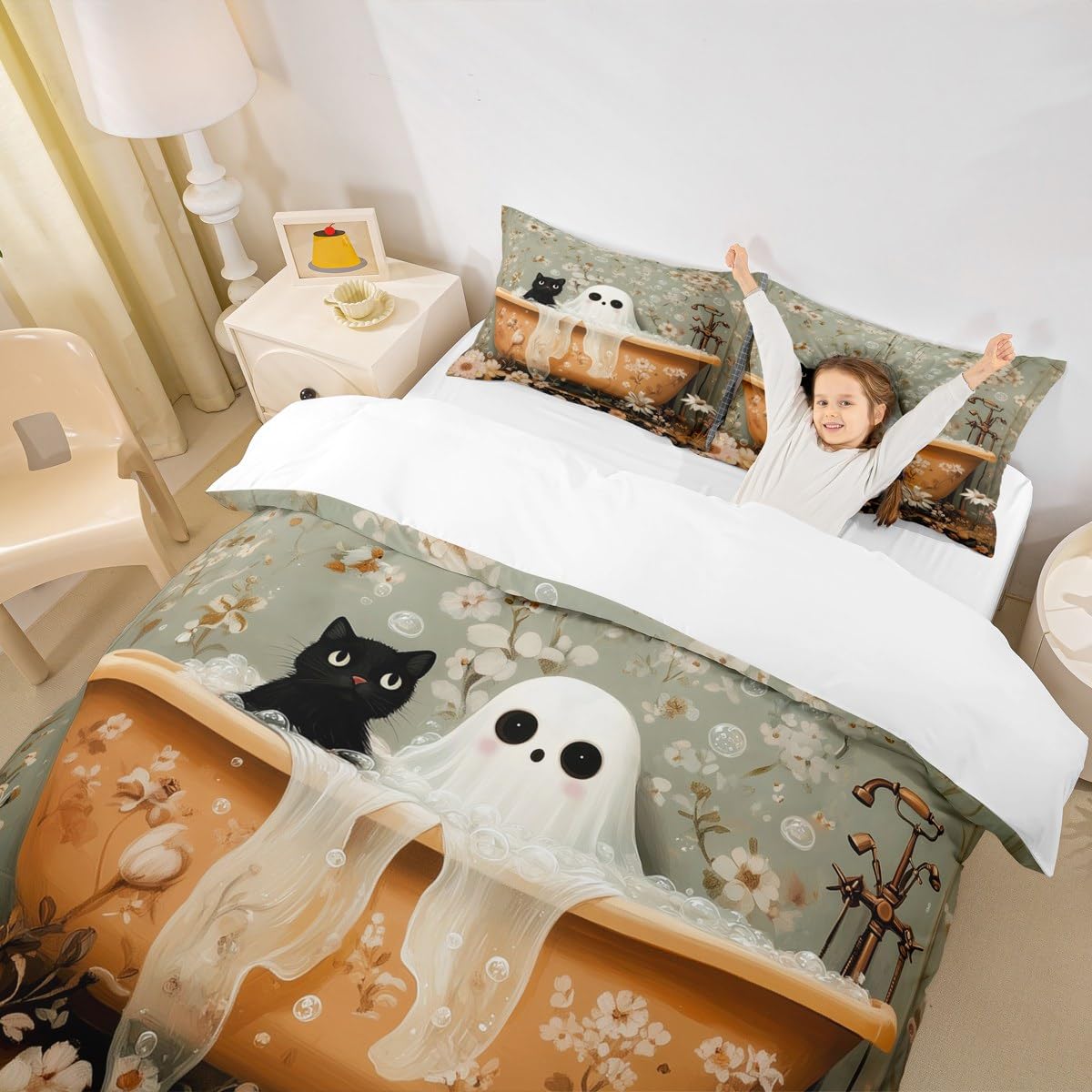 Homemissing Halloween Ghost Bettbezug für Kinder Jungen Mädchen Katze Lustig Gotik Betten Retro Vintage Bettwäsche Set 155x220cm Schlafzimmer Dekor Weiche leichte Mikrofaser
