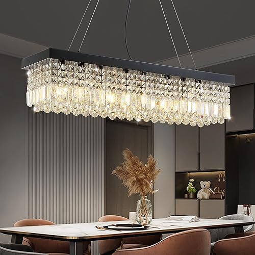 Miniatura 73 de 7PM Candelabro rectangular de cristal K9 moderno colgante rectangular para comedor, cocina, isla dormitorio, color negro, 47 pulgadas de largo x 10