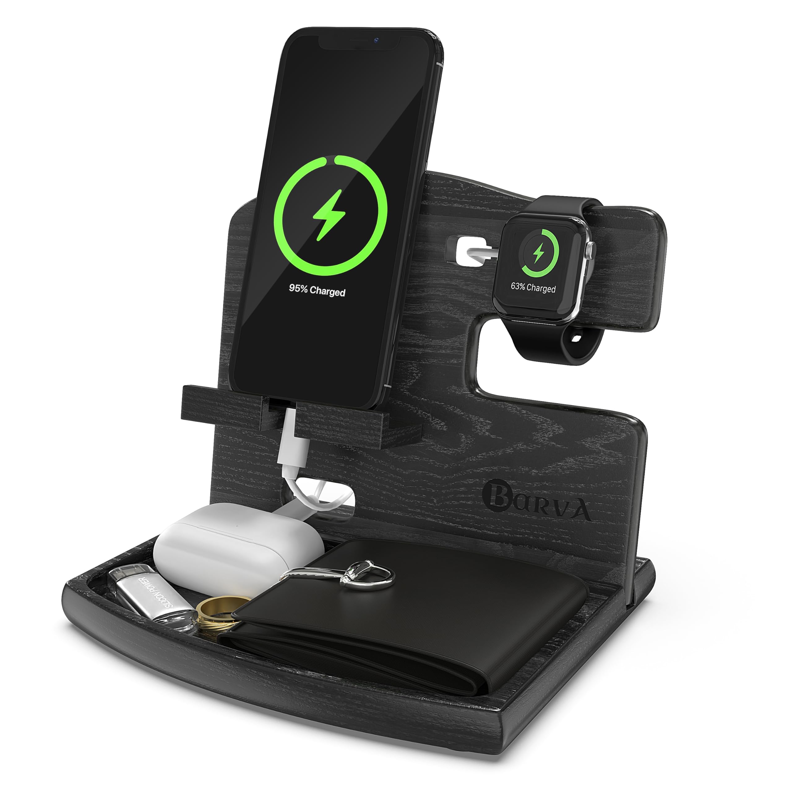 BarvA Wood Docking Station | Phone Stand & Desk Organizer | Night Stand Charging Station & Phone Holder | Portable Nightstand Organizer for Men's Accessories | Ideal Gifts for Men