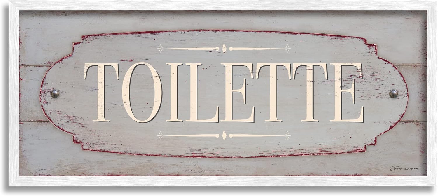 Stupell Industries Rustic Toilette Sign French Farmhouse Traditional Grain Pattern, Designed by Stephanie Workman Marrott White Framed Wall Art, 24 x 10, Beige