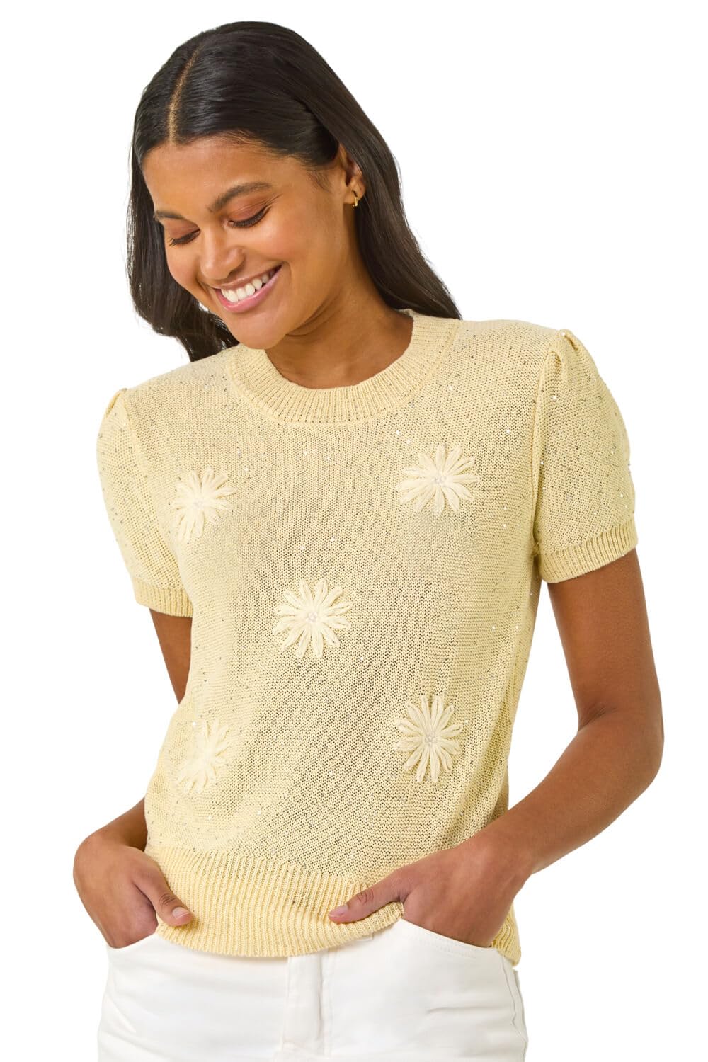 Roman Originals Women's Lemon Daisy Sequin Embroidered Knit Top For Uk - Everyday Holiday Spring Summer Crew Neckline Comfy Soft Evening Vacation Work Party - Size 10