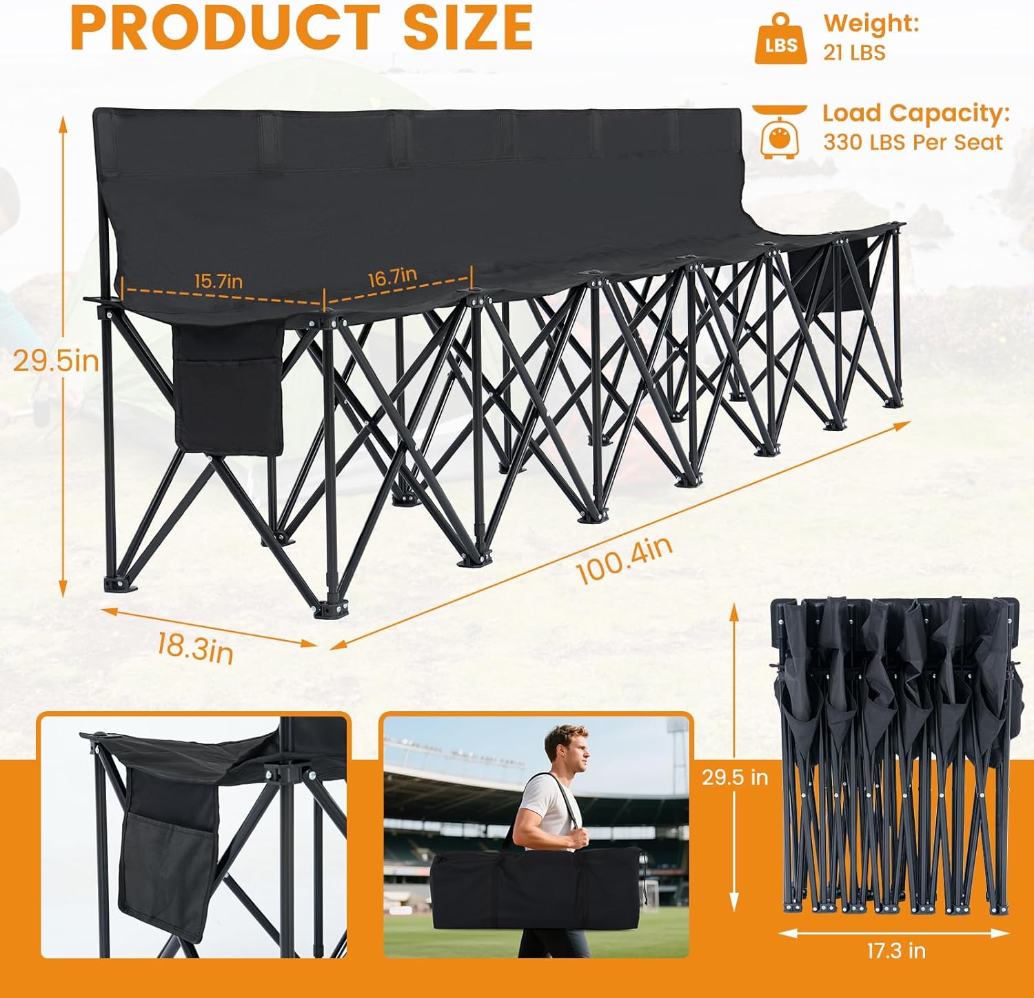 LILYPELLE Portable Bench 6 Seat Soccer Benches for Team, Folding Soccer Bench Chair Sideline Benches Camping Chairs for Football Camp Sport Events Outdoor Seating with Carry Bag, 1Pack