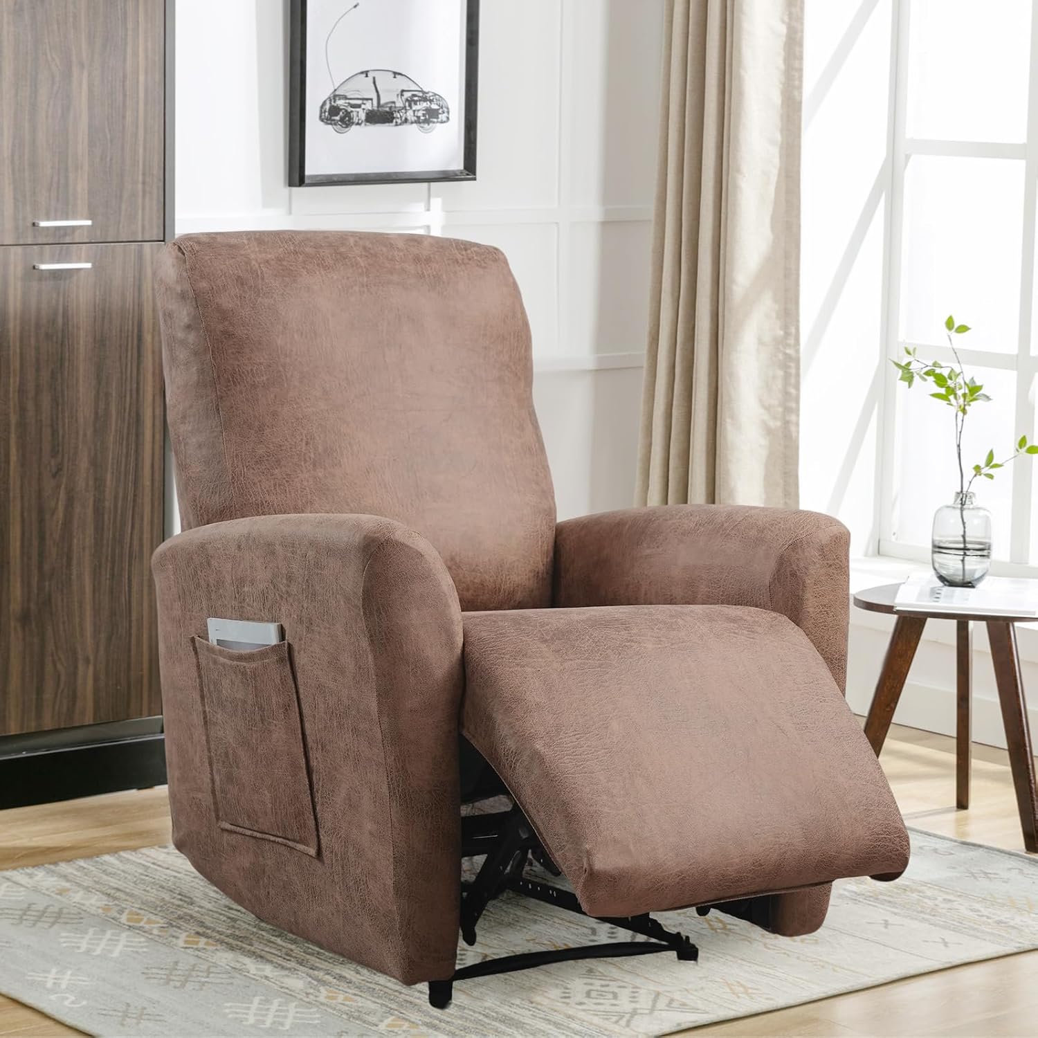FUANGUI Recliner Chair Covers 4-Pieces Faux Leather Looking Small Recliner Cover for Recliner Chair, Non Slip Covers Washable Lazy Boy Slipcovers/Furniture Protector for Kids, Dog, Living Room,Camel