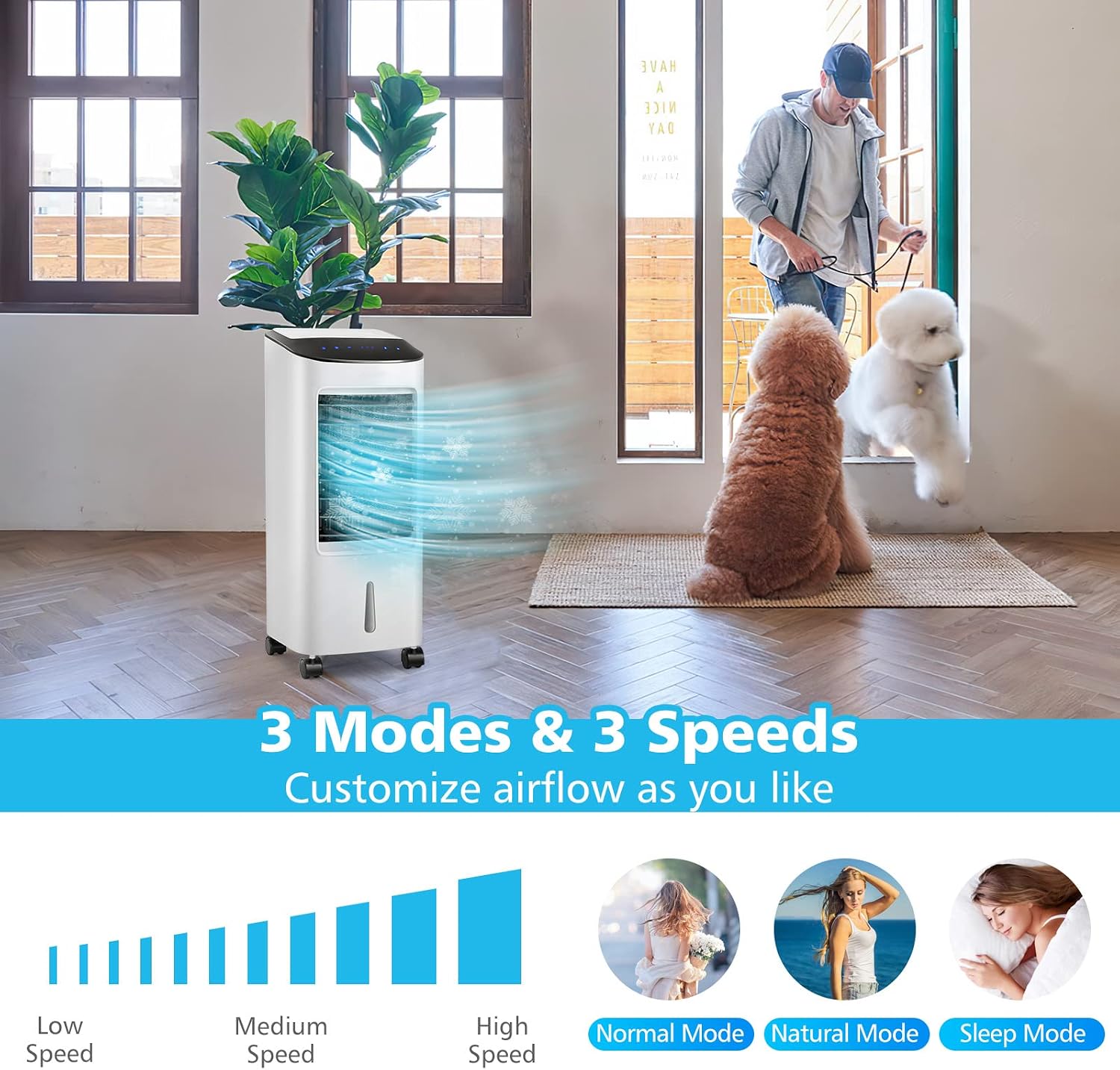 Nightcore 29" Evaporative Air Cooler, 3 in 1 Portable Fan with Humidifier, 7.5H Timer, Remote Control, 4 Universal Casters, Quiet Cooling Fan with 2 Ice Boxes, Personal Air Cooler for Home, Office
