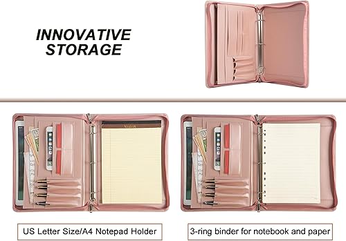 Miniatura 2 de Nombre grabado gratis, Padfolio de piel sintética 3 anillos, regalo corporativo, cartera de negocios con almohadilla de escritura A4, rosa,