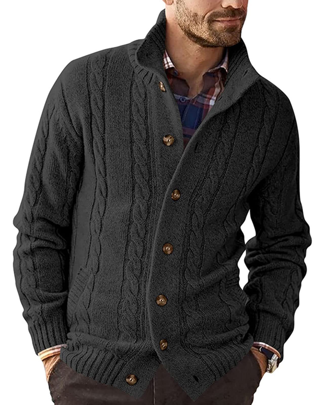Giacca a Maglia del Cardigan di Colore Solido del Collo del Bottone degli Uomini Slim Fit Sweater Jacket
