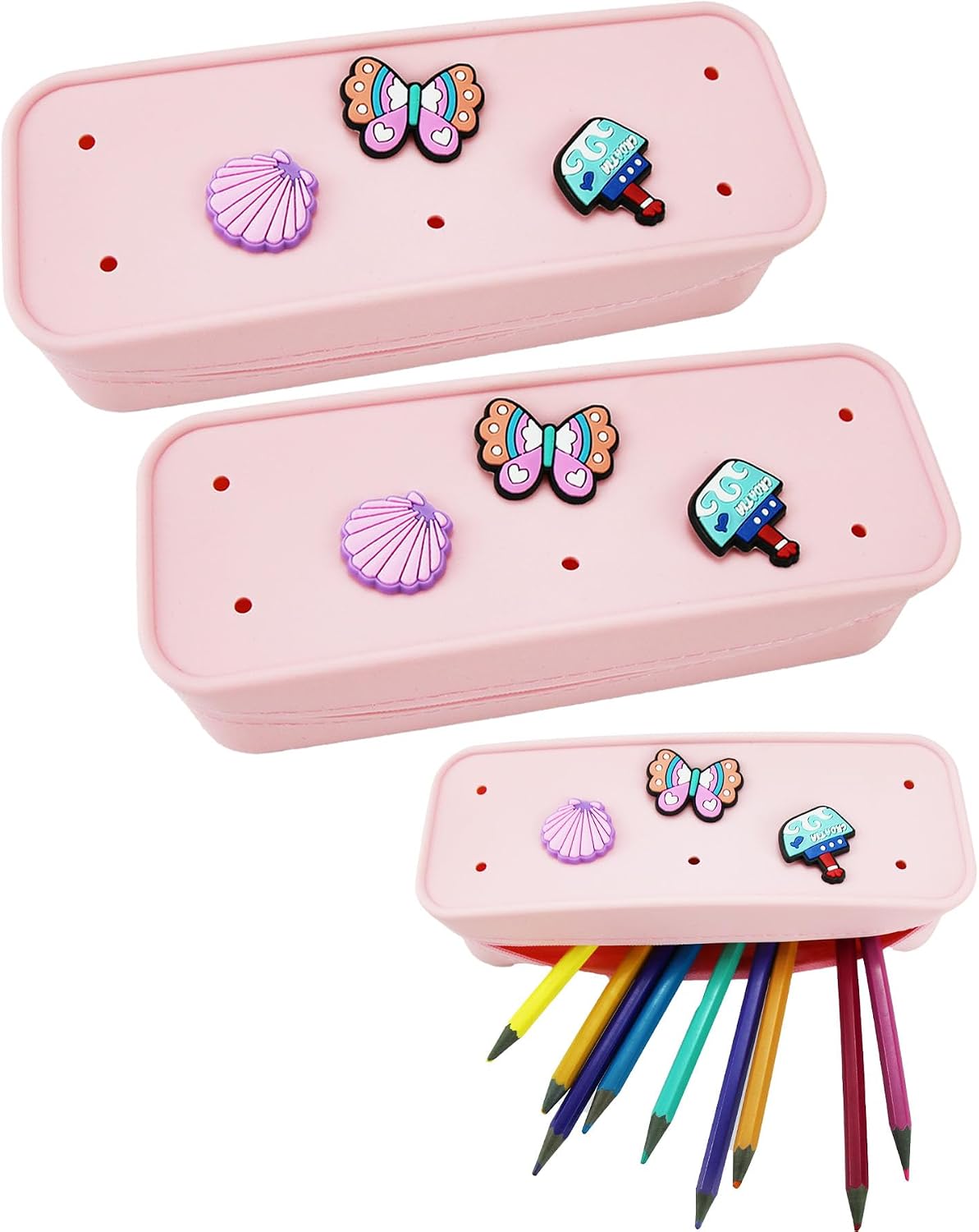 1 Pack Cute Silicone Pencil Pouch Pencil Case with DIY Holes and 3 Decoratives(Random) Travel Makeup Brush Bag suitable for travel home 7.48inch (Pink,2 Packs)