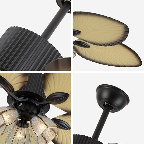 Miniatura 4 de Ventiladores de techo tropicales con luz de 52 pulgadas, hoja de palmera, aspas de madera, lámpara de araña con control remoto y cadena de tracción,