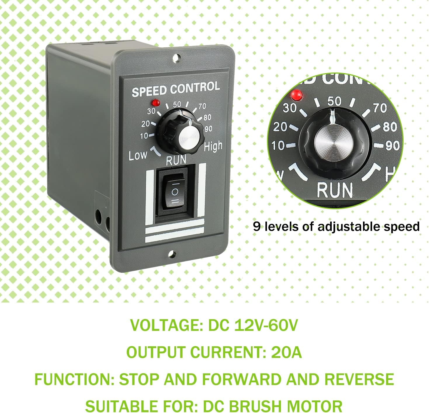 EPLZON Motor Speed Controller highlighting key specifications: Voltage DC 12V-60V, Output Current 20A, Function Stop and Forward and Reverse, Suitable for DC Brush Motor.