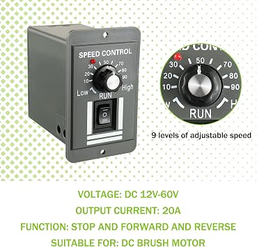 DC 12-60V Motor Speed Controller 20A Adjustable PWM Controller Switch Forward/Reverse Electric Motor Speed Regulator Suitable for DC Brush Motor
