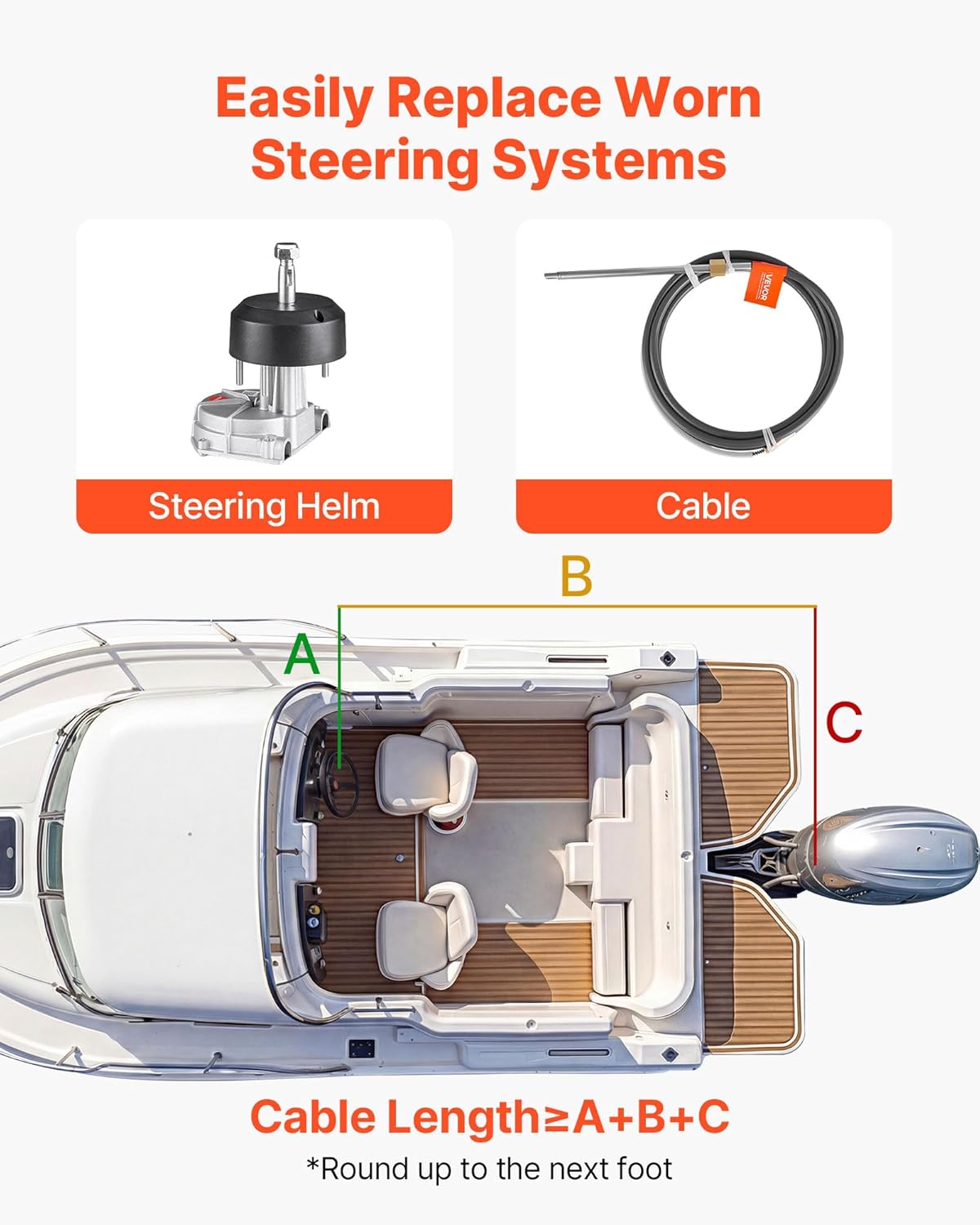 VEVOR Boat Steering System, 17 ft Boat Control Cable Outboard Rotary Steering System Kit with Aluminum Alloy Helm, Durable Marine Replacement for Fishing Boats, Small Sailboats, Speedboats, Lifeboats