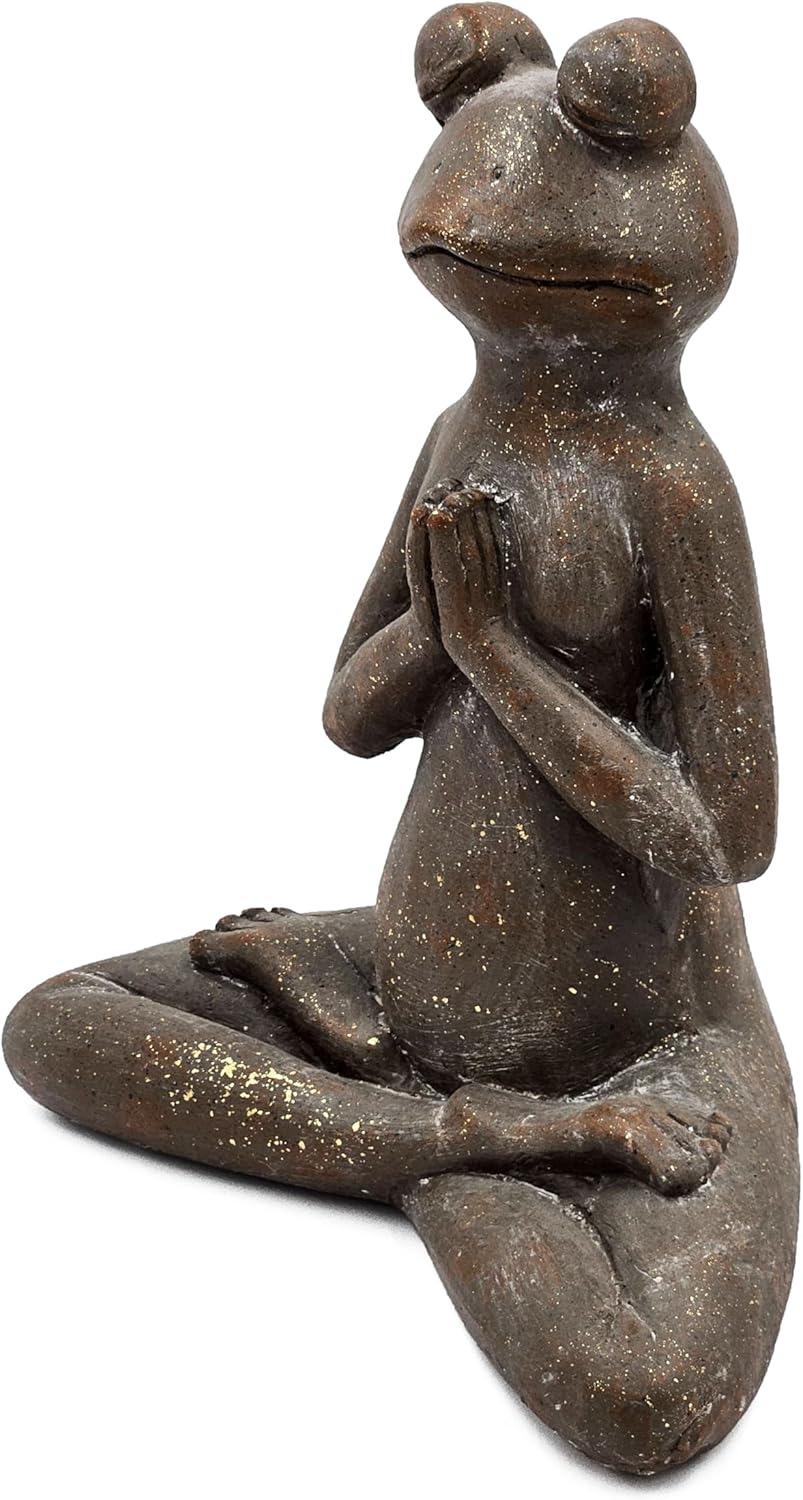 13.5” Tall Textured Brown Yoga Frog Figurine with Gold Accents, Decorative Magnesium Sculpture in Namaste Pose, for Tabletop, Mantel, Centerpiece Accent Display