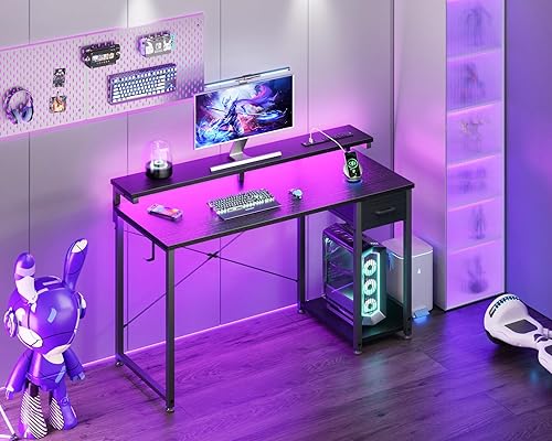 Miniatura 2 de AODK Escritorio para juegos con luces LED y toma de corriente, escritorio para computadora de 48 pulgadas con cajón, escritorio reversible con