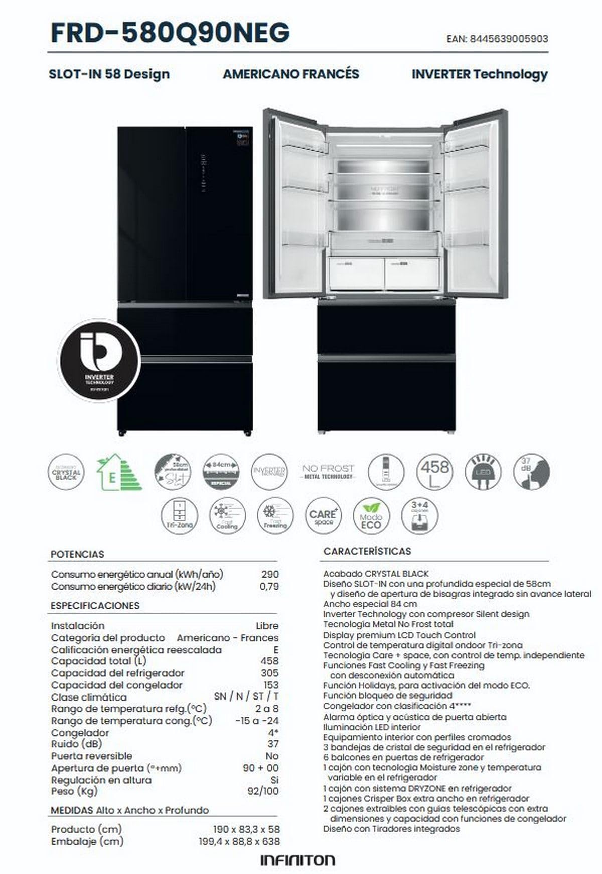 INFINITON ELECTRONICS Frigorifico Americano FRD-580Q90, 190 cm de Altura, 458 Litros, E, Inox, Total No Frost (Negro || FRD-580Q90NEG)
