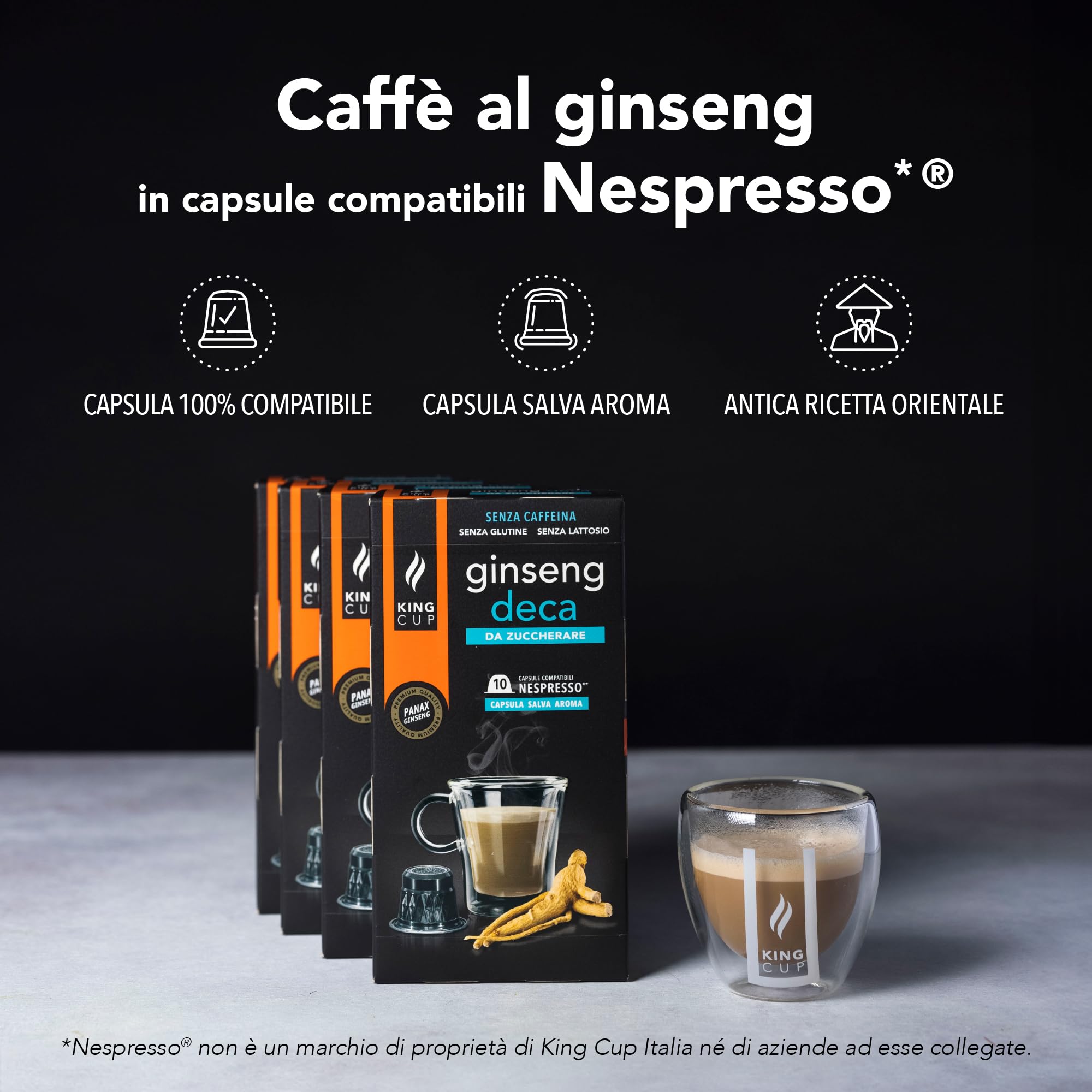 King Cup - 5 Confezioni da 10 Capsule di Ginseng Deca da Zuccherare, 50 Capsule 100% Compatibili con Sistema Nespresso di Bevanda al Gusto di Ginseng, Senza Glutine e Senza Lattosio