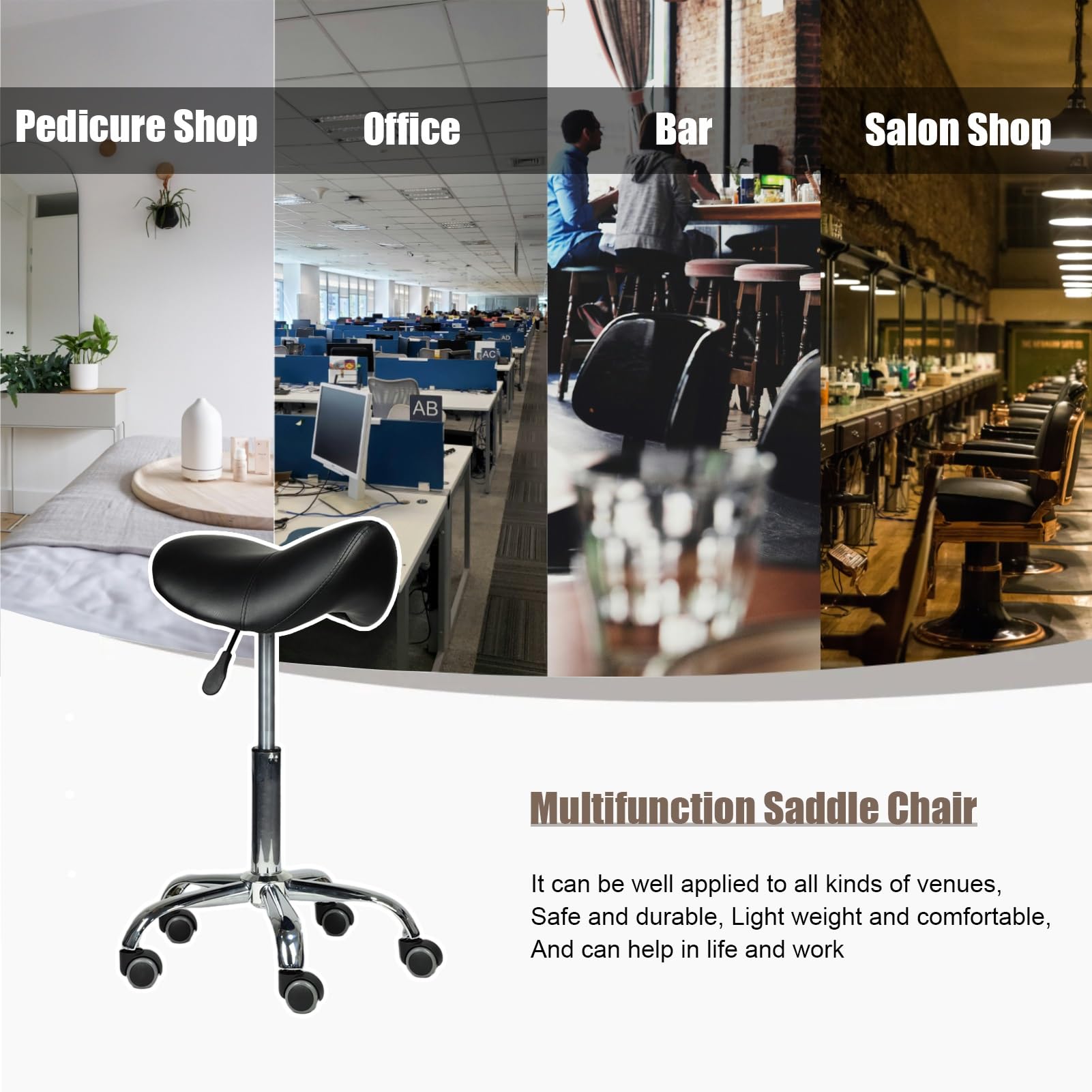 Taboret zabiegowy, (ergonomiczny stołek siodłowy do siedzącego trybu życia, czarne krzesło biurowe z kółkami, krzesło do salonu dla higienistki stomatologicznej/estetyki (kolor: 43-55 cm (17