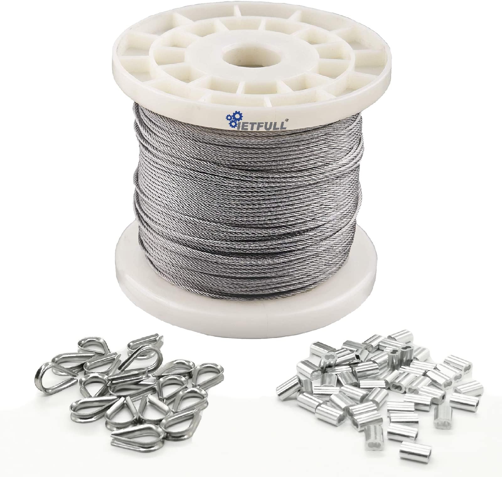 1/16 Wire Rope, 1/16 in. x328 ft. Aircraft Cable, 304 Stainless Steel Cable, 7x7 368 lbs Breaking Strength Steel Wire with 50pcs Thimbles and 50pcs Crimping Sleeves, Clothesline Trellis Wires