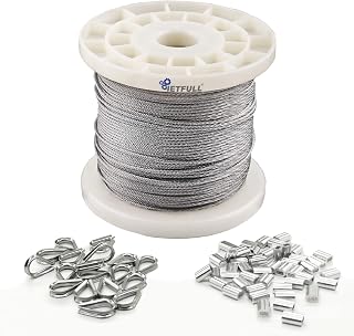 IETFULL 1/16 Wire Rope, 1/16 in. x328 ft. Aircraft Cable, 304 Stainless Steel Cable, 7x7 368 lbs Breaking Strength Steel Wire with 50pcs Thimbles and 50pcs Crimping Sleeves, Clothesline Trellis Wires