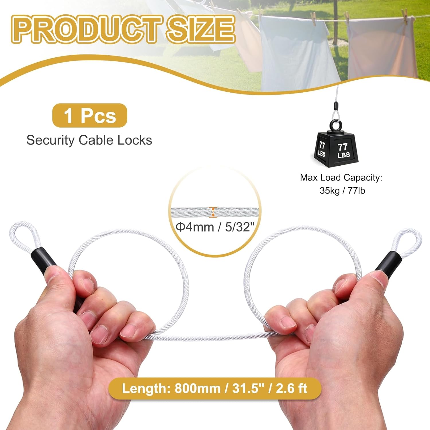 PATIKIL Security Cable Lock (5/32" Dia 2.6ft 77lb Load Capacity, Silver) Vinyl Coated Stainless Steel Double Loops Flexible Wire Rope Safety Cable Luggage Lock Suit for - Outdoor