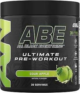 Applied Nutrition ABE Pré-Entraînement - All Black Everything Poudre Pre Workout à Base de Citrulline, de Créatine et de Bêta-Alanine, Énergie (375 g (Lot de 1), Sour Apple)