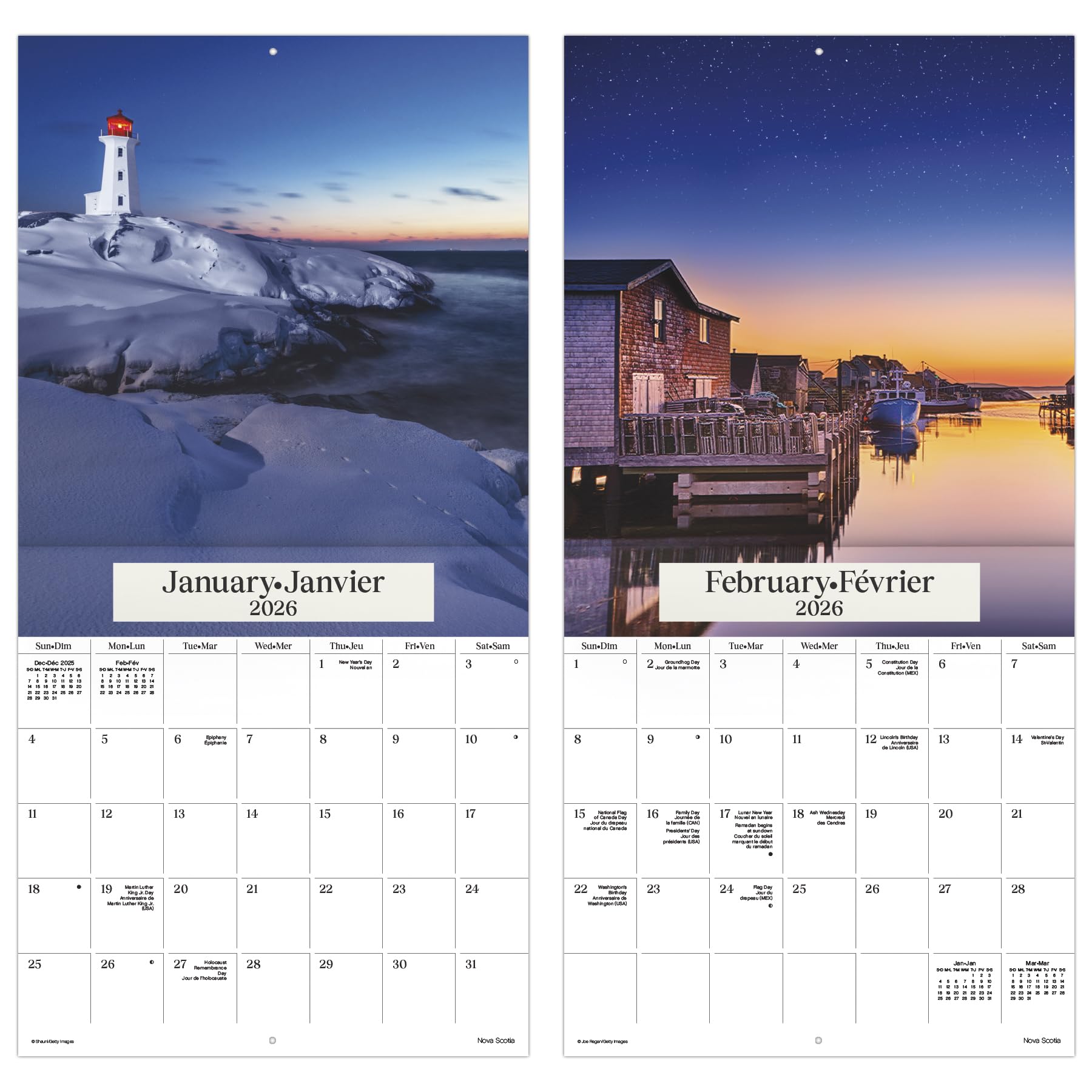 Calendrier mural 2026 Canada atlantique (bilingue français)