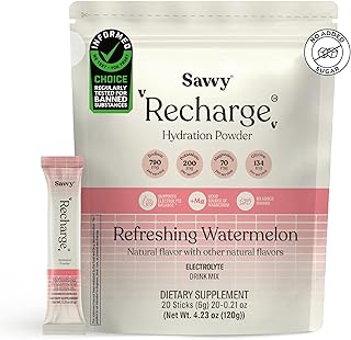 Savvy Recharge Electrolyte Powder, Sugar-Free Conscious Hydration Drink with Sodium, Magnesium, Potassium & Glycine, Fresh Watermelon Flavor, for Muscle Health, 20 Sachets of 6g
