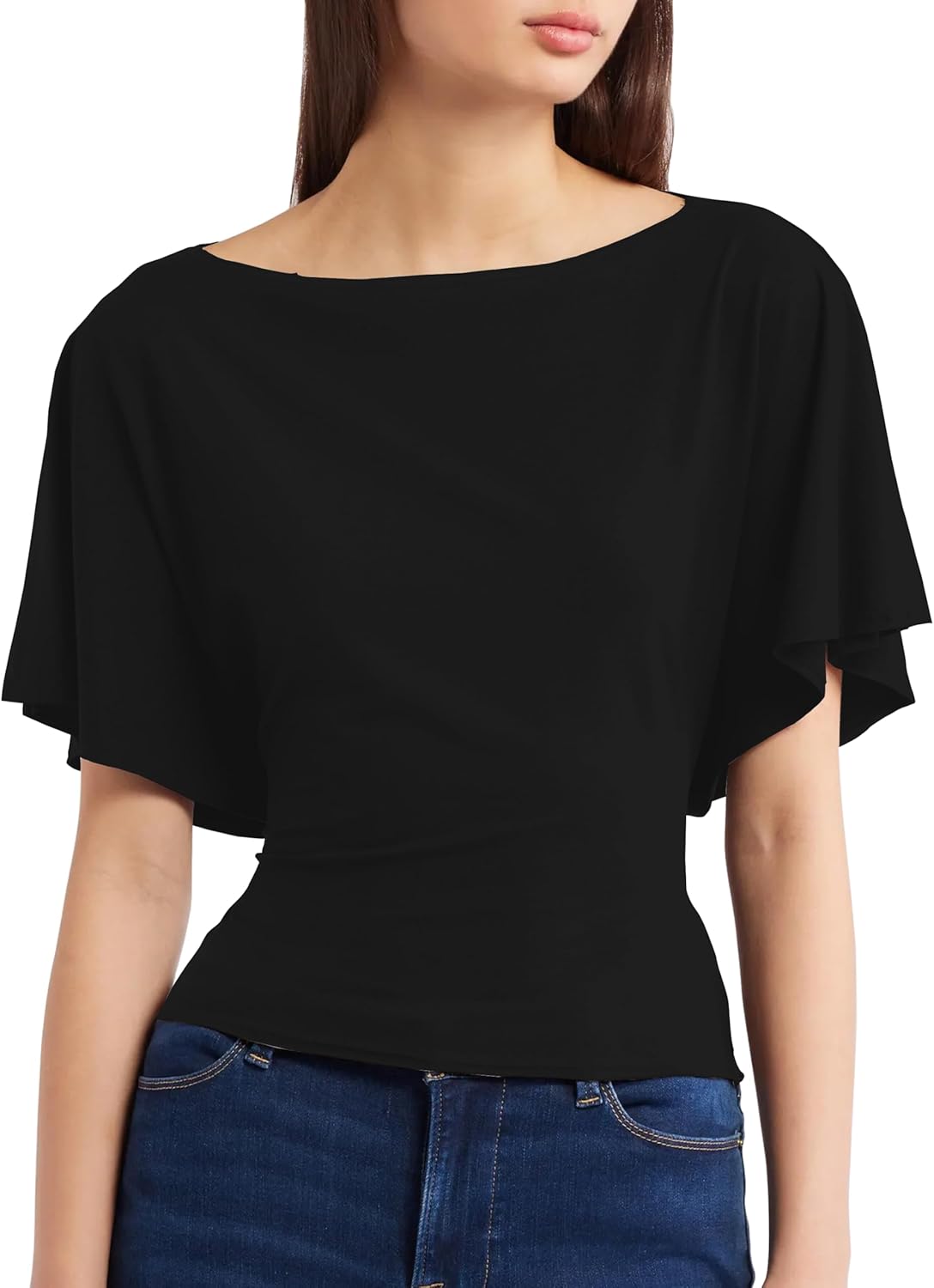 Women's Summer High Stretchy Crop Top Crewneck Dolman Short Sleeve Tee Tie Back Soft Ruched Cinched Waist Workout Shirts - Image 2